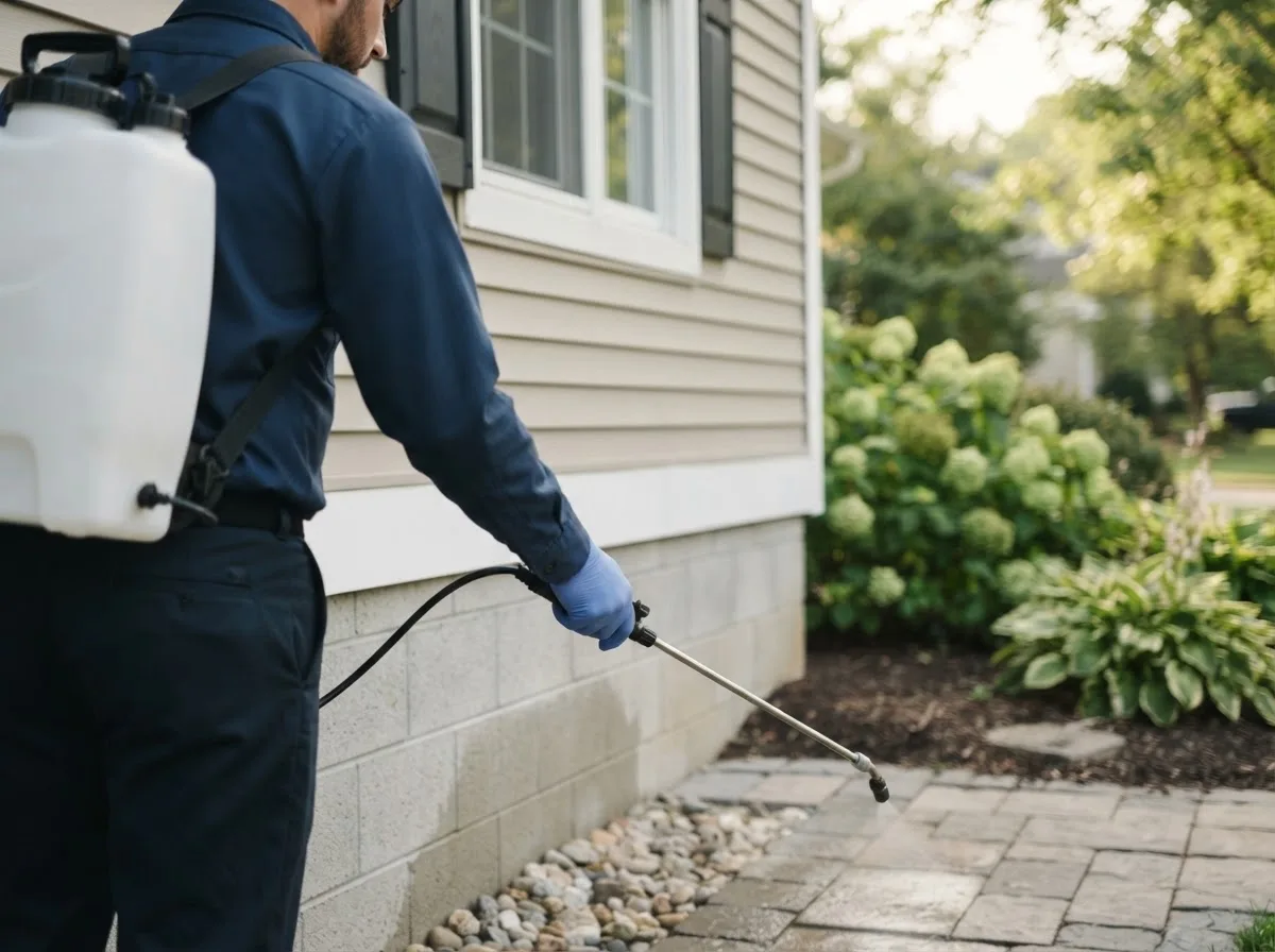 Pest control technician inspecting a home in Manning, IA